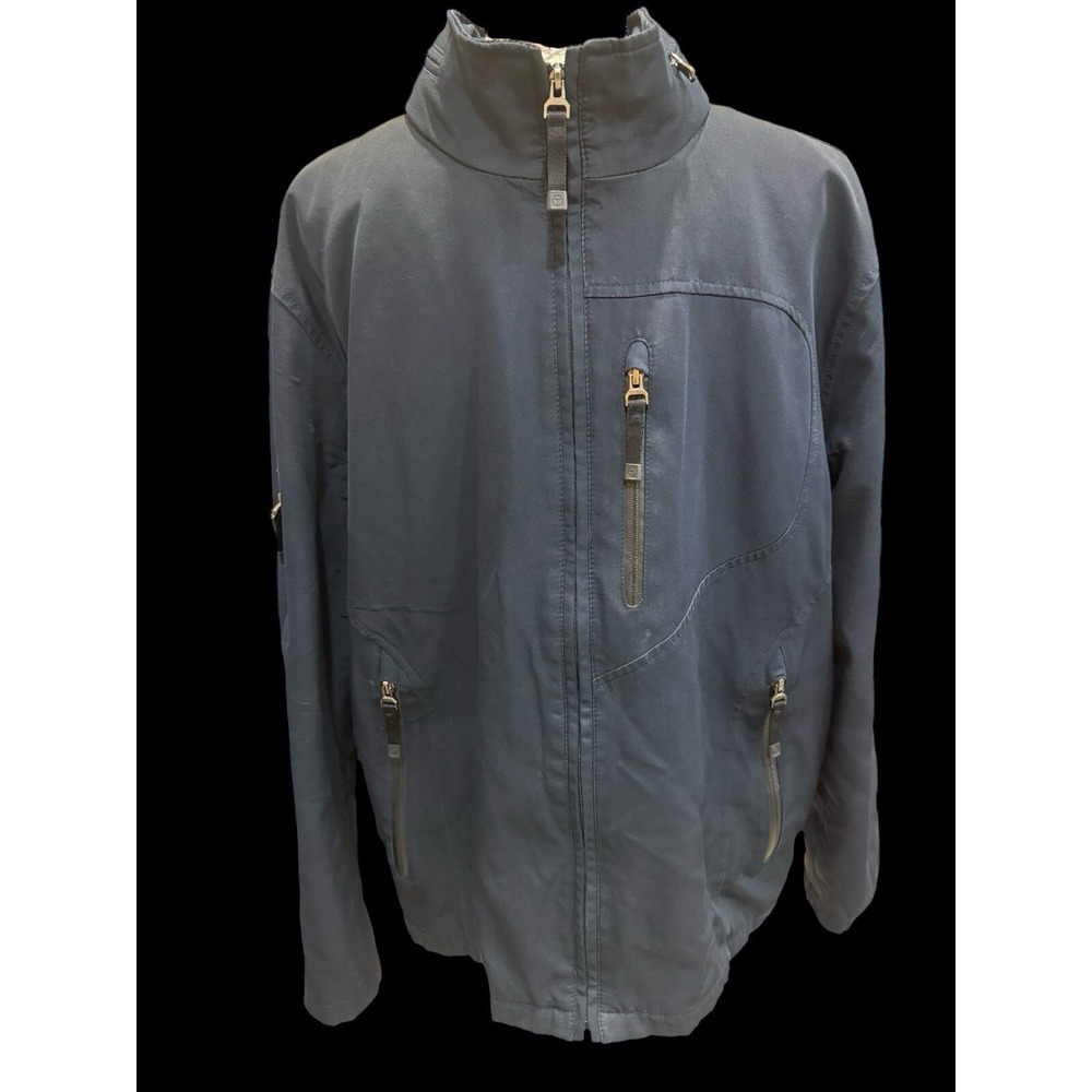 Tech By Tumi Blue Waterproof Hidden Hood Jacket W/ 5 Zip Pockets. Quilted